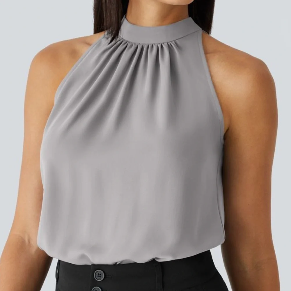 Halara Keyhole Back Halter Sleeveless Curved Hem Work Blouse in Sandalwood Gray - Picture 1 of 5